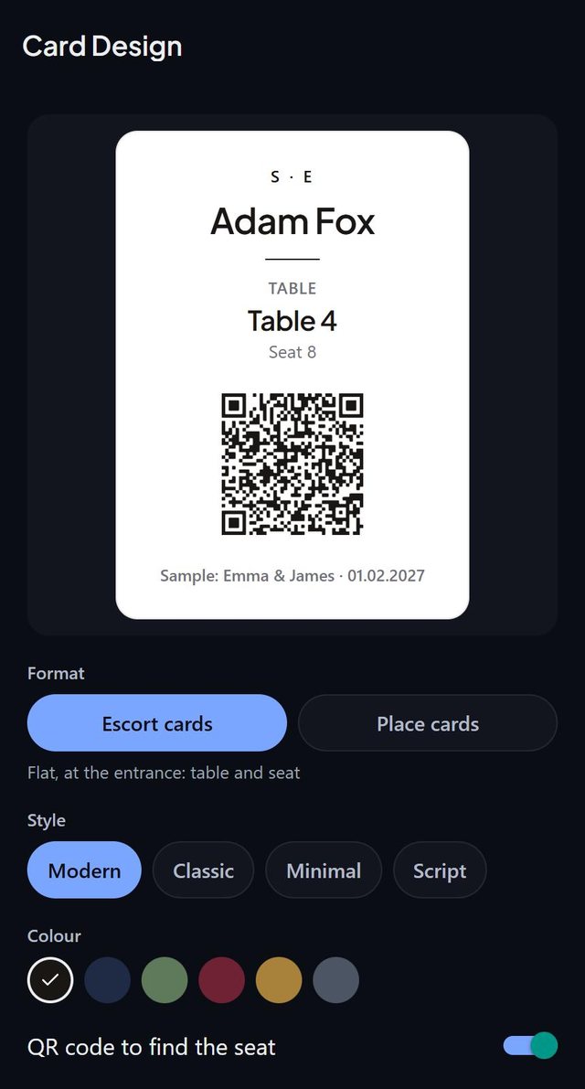 Cards in four styles and six inks: screen from the SeatSpot app