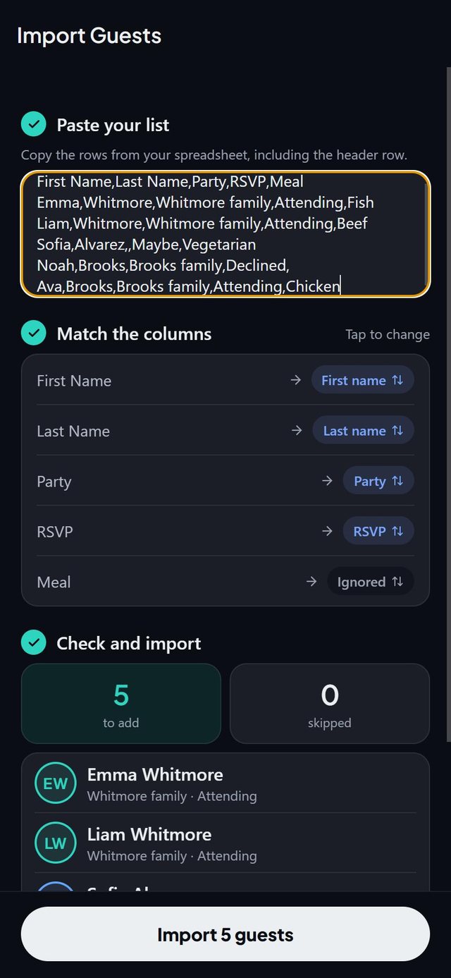 Import a spreadsheet: screen from the SeatSpot app