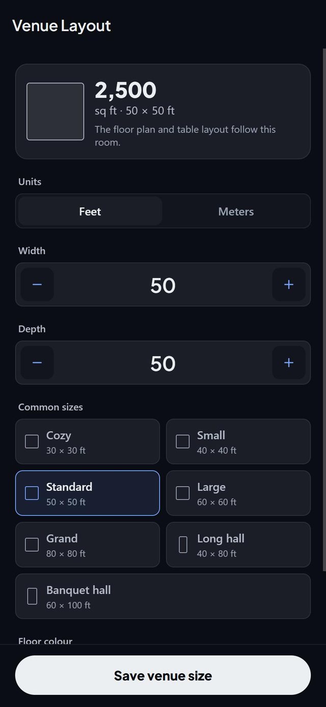 Feet or metres, your floor colour: screen from the SeatSpot app